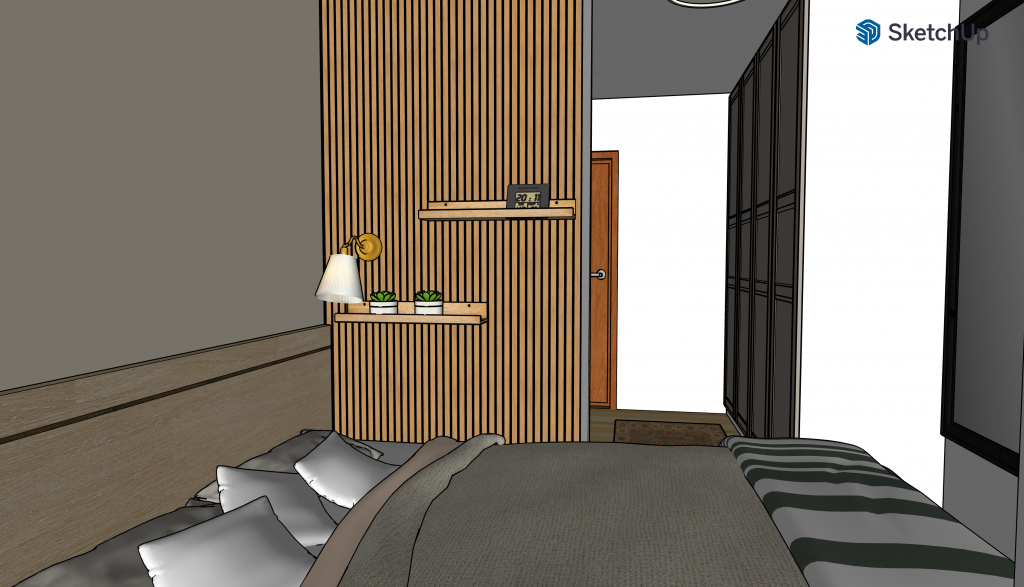 3D Ansicht einer Schlafzimmerplanung mit Schrank als Trennwand