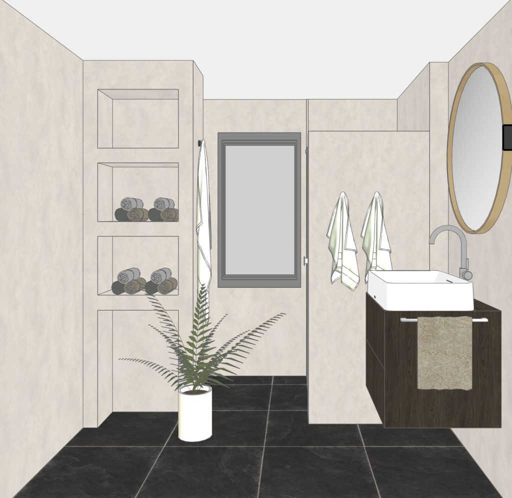 3D-Visualisierung eines Badezimmers mit beigen Wand-Steinfliesen und dunkelbraunem Holz-Armaturen und dunkelgrauen Schiefer Bodenfliesen. Hier wird ein Einbauschrank für Handtücher sichtbar