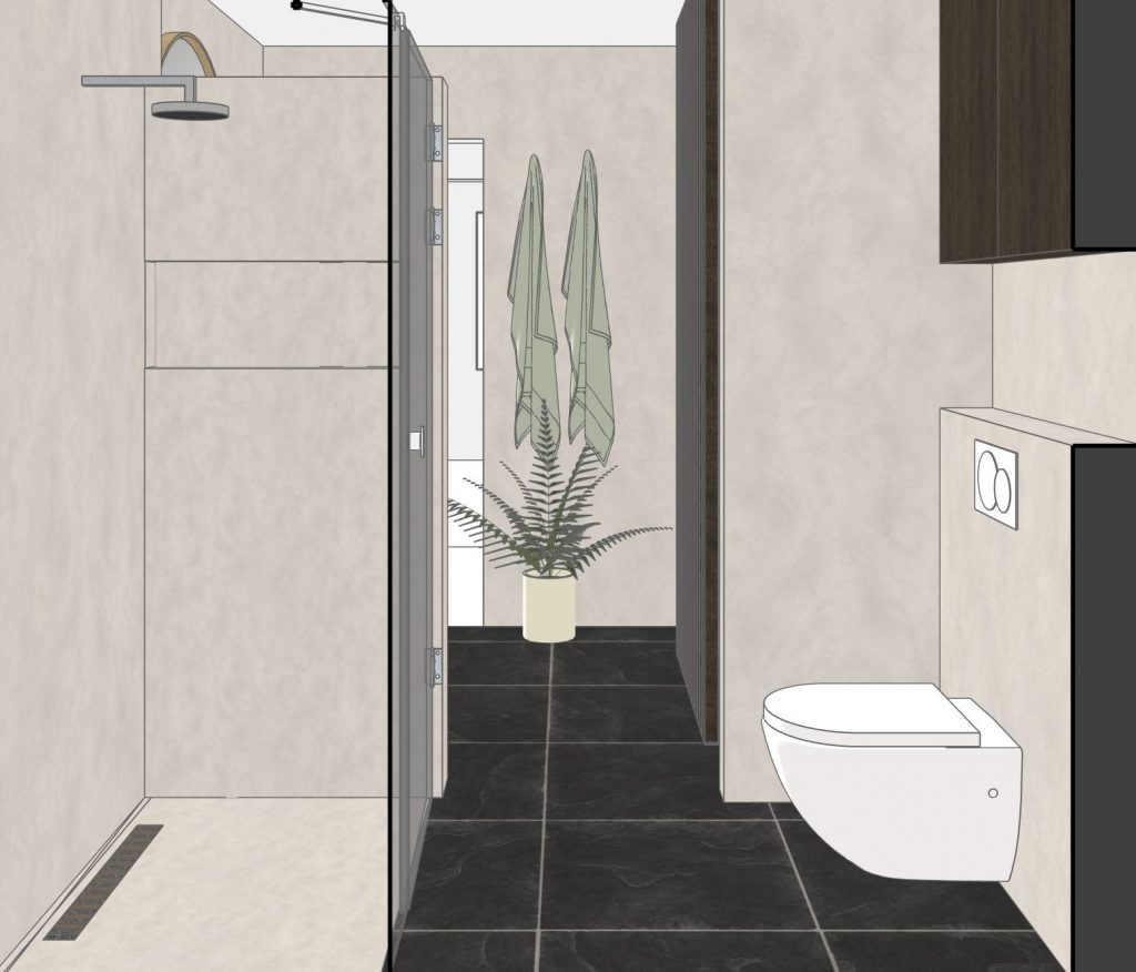 Dusche mit einer Wandnische für Pflegeprodukte. Ausgeschöpfter Platz: gegenüber WC-Sitz mit modernem Deckenhohem Schrank darüber